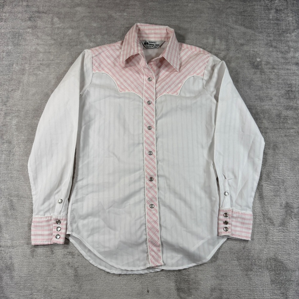 MWG Johnny West Shirt Mens White Pink Plaid Yoke Western Pearl Snap Tapered
